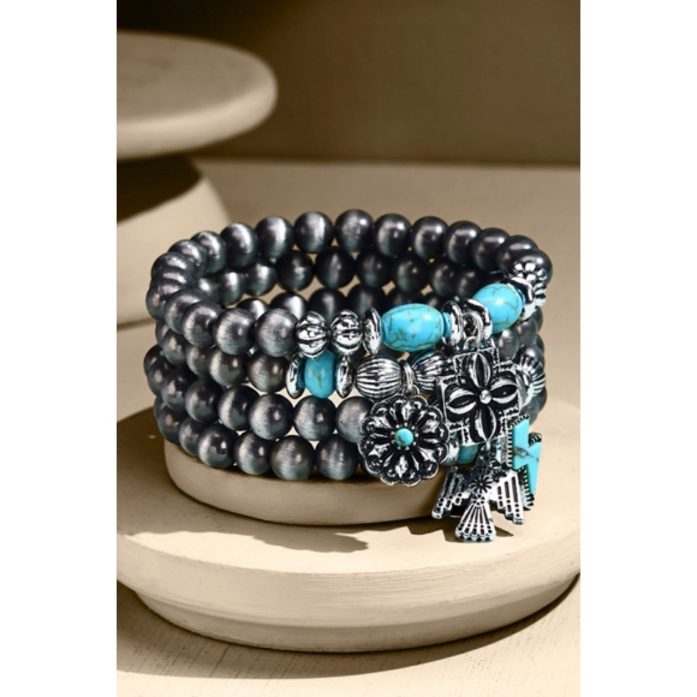 Antiqued Silver 4 Strand Western Turquoise Beaded Navajo Charm Bracelet Set - Picture 2 of 3